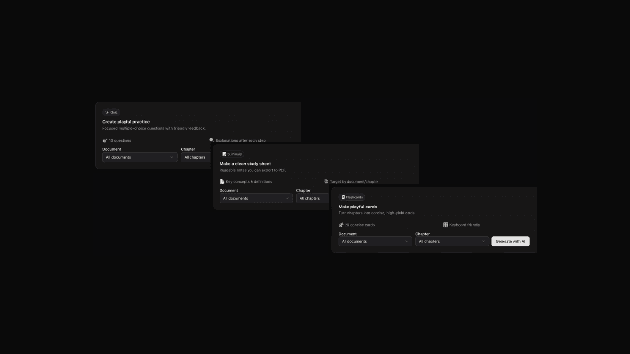 Generate & study - Summary and flashcards UI